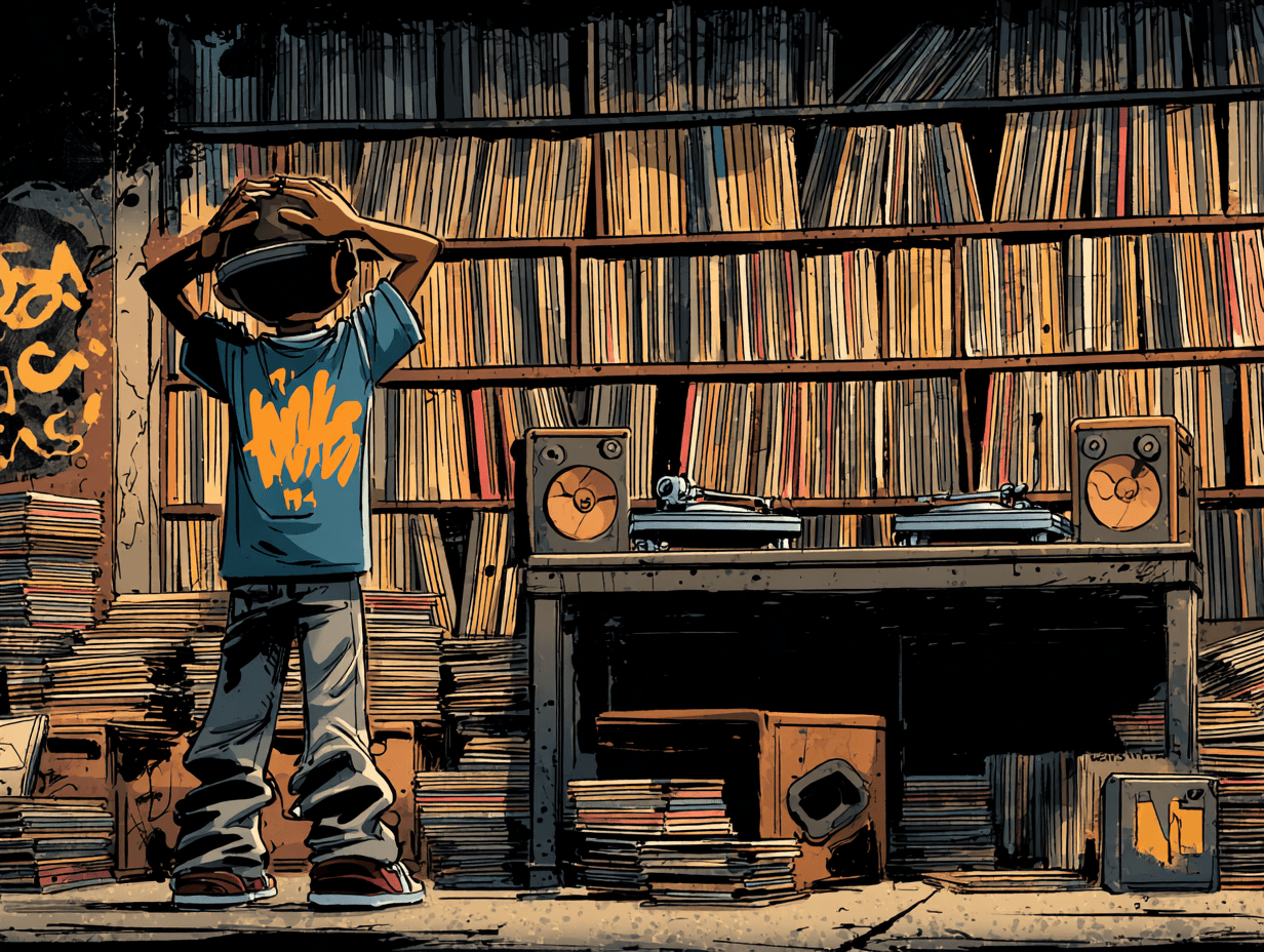 DJ character overwhelmed by towering vinyl shelves
